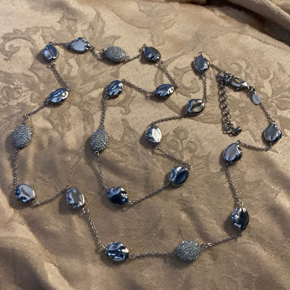 CHICO’S Signed Gun Metal Gray, Crystal Ball Pave Necklace
